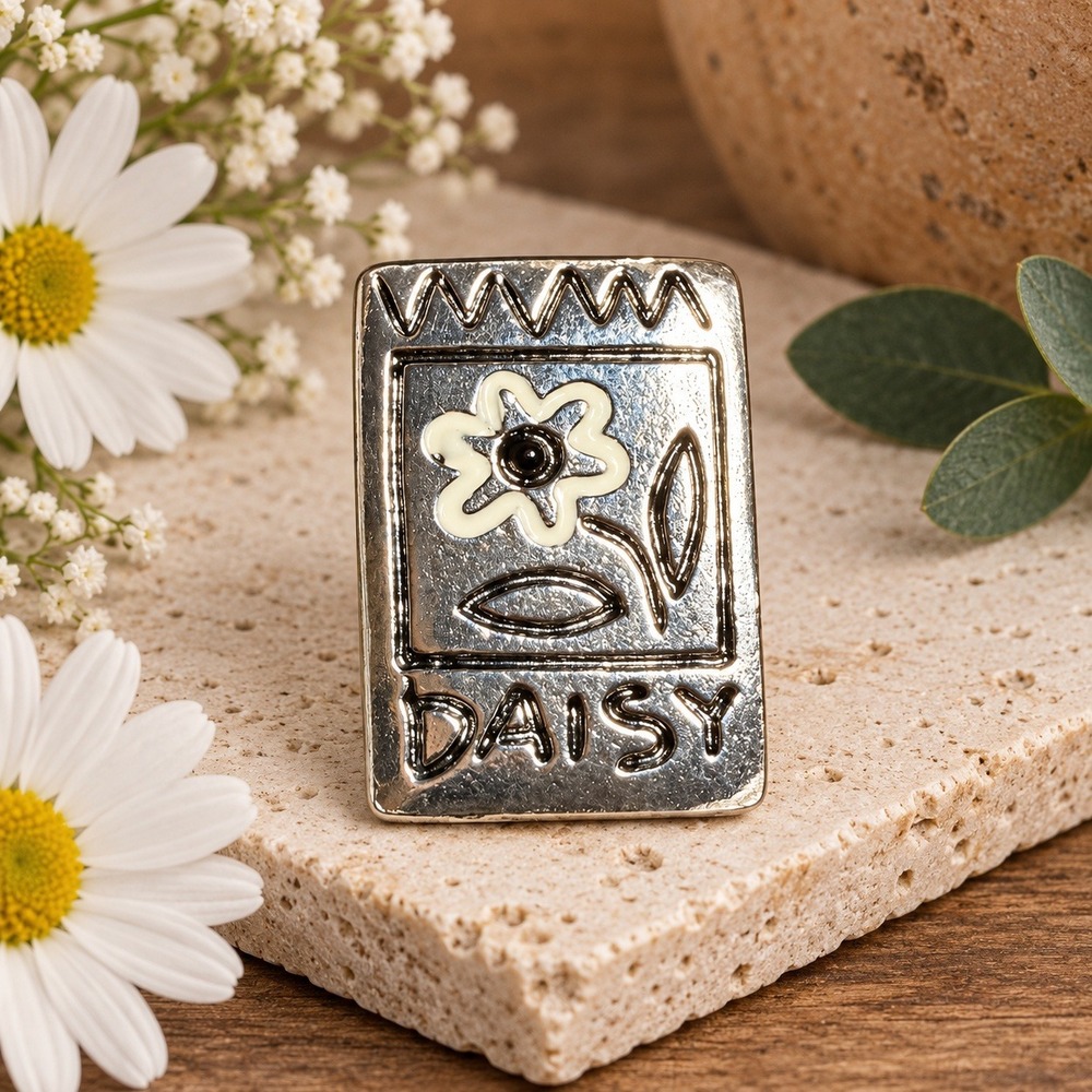 Silver Tone Daisy Flower Enamel Lapel Pin Rectangular Botanical Pin Pendant